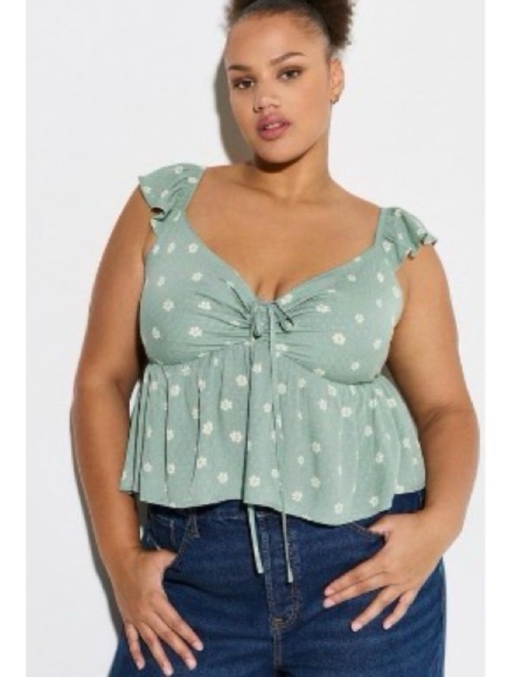 torrid Sage Green Floral Tie-Front Peplum Crop Top